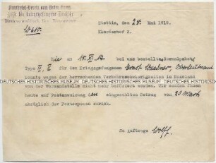 Schreiben des Provinzial-Vereins vom Roten Kreuz an die Mutter eines deutschen Offiziers in sowjetischer Kriegsgefangenschaft betreffend den Versand eines Paketes