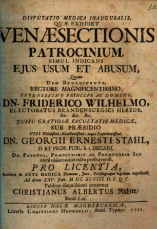 Disp. med. inaug. quae exhibet venae sectionis patrocinium, simul indicans eius usum et abusum