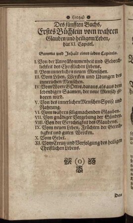 Des fünfften Buchs, Erstes Büchlein [...] Summa und Inhalt eines ieden Capitels.