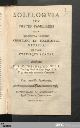 Soliloqvia Sev Preces Familiares Circa Praecipva Hominis Christiani Et Ecclesiastici Officia : In Vsvm Vtrivsqve Statvs