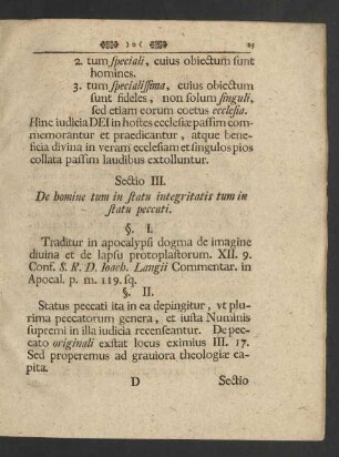 Sectio III. De homine tum in statu integritatis tum in statu peccati