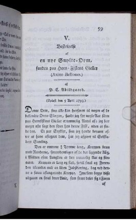 V. Beskrivelse af en nye Snylte-Orm funden paa Horn-Fiskens Gieller (Axine Bellones.).