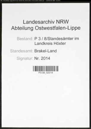 Sterberegister Standesamt Brakel-Land
