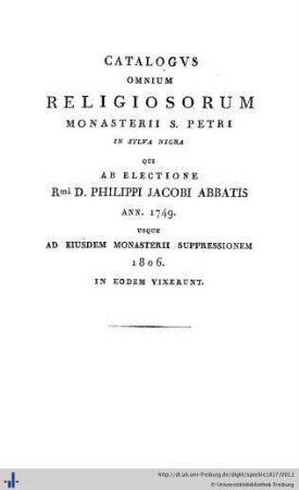 Catalogus Omnium Religiosorum Monasterii S. Petri in Sylva Nigra