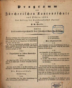 Programm der Zürcherischen Kantonsschule. 1833, Ostern