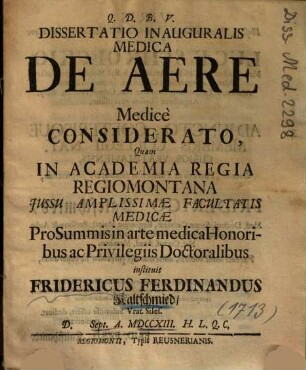 Dissertatio Inauguralis Medica De Aere Medice Considerato