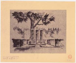 Erweiterung der Friedhöfe, Stolp: (Lichtpause von Inv.-Nr. 41186): Perspektivische Ansicht mit Blick auf ein Ehrengrabmal; Stempel