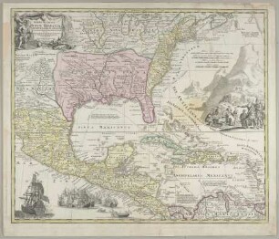 Regni Mexicani Seu Novae Hispaniae, Ludovicianae, N. Angliae, Carolinae, Virginiae et Pensylvaniae nec non Insularum Archipelagi Mexicani In America Septentrionali accurata Tabula : Cum Privilegio Sac. Caes. Maiestatis