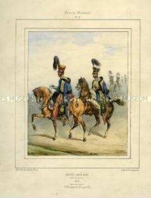 Uniformdarstellung, Offiziere des Husaren-Regiments zu Pferd, Königreich Großbritannien, 1840/1850. Tafel Nr. 12 aus: Galerie Militaire.