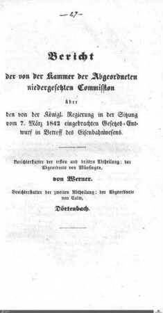 Kommissionsbericht zum 1842 eingebrachten Gesetzes-Entwurf zum Eisenbahnwesen