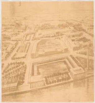 Berufsschulen am Urban, Berlin-Kreuzberg: Perspektivische Ansicht (Vogelschau) vom Hafen her (mit getrennten Gebäudeteilen) (von Inv.Nr. 3876)