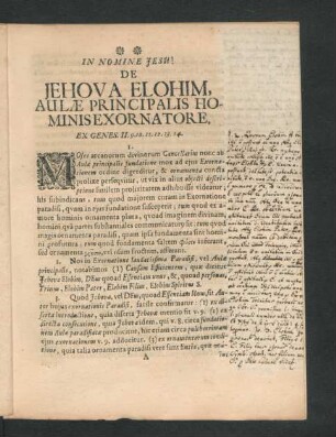 De Jehova Elohim Aulae Principalis Hominis Exornatore.
