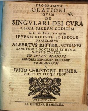 Programma orationi quam de Singulari Dei cura circa sacrum Codicem ... Albertus Ritter ... recitabit praemissum