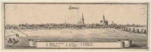 Panorama-Stadtansicht der Stadt Lützen südwestlich von Leipzig (heute Sachsen-Anhalt) mit Legende, aus Merians Topographia Superioris Saxoniae