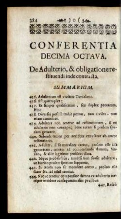 Conferentia Decima Octava. De Adulterio, & obligatione restituendii inde contracta
