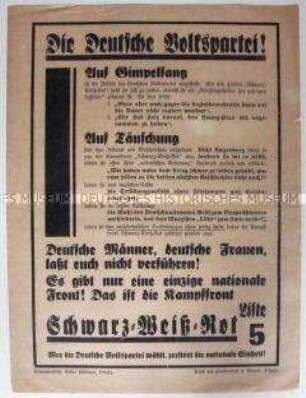 Deutschnationales Propagandaflugblatt zur Reichstagswahl 1933 mit Polemik gegen die DVP