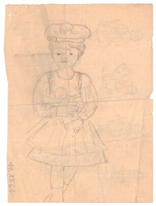 Mädchen mit Puppe : Frontale Darstellung eines Mädchens mit Kleid, Hut und einer Puppe im Arm