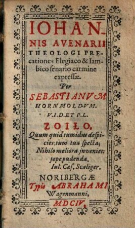 Iohannis Avenarii Theologi Precationes Elegiaco & Iambico senario carmine expressae