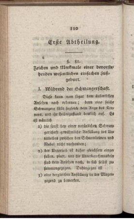 Erste Abtheilung. Zeichen und Merkmale einer bevorstehenden wesentlichen einfachen Fußgeburt.