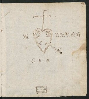 Federzeichnung: Durchbohrtes Herz mit Sonne, Mond und Monogrammen