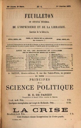 Bibliographie de la France. Partie 1, Bibliographie officielle. Livres. 1870 = Sér. 2, T. 14, Pt. 3