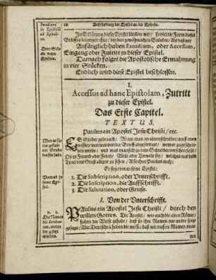 Accessus ad hanc Epistolam, Zutritt zu dieser Epistel. Das Erste Capitel.