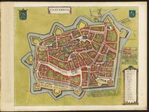 Stadtplan Leeuwarden, Niederlande , 1:3 000, kolorierter Kupferstich, um 1657 : Leoverdia. [Ca. 1:3.000] / [Amsterdam] : [Ioannes Ianssonius], [1657]. - 1 Vogelschaukarte : 1 Kupferst. ; 50,0 x 39,7 cm. - Mit Gebäudeverz. - Mit 2 Wappen - Titel oben links. - Vermutl. aus: Theatrum Urbium Celebriorum totius Belgii Sive Germaniae Inferioris [Theatrum / 4] / Jansson, Jan. - Amstelodami//Amsterdam : Ioannes Ianssonius, 1657
