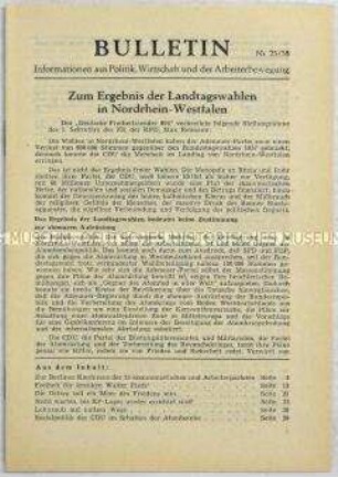 Illegales Informationsblatt der KPD "Bulletin" u.a. mit einer Stellungnahme des Politikers Max Reimann zu dem Ergebnis der Landtagswahlen in Nordrhein-Westfalen
