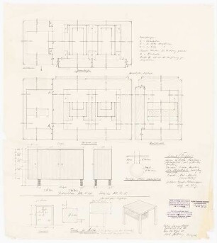 Möbelentwürfe: Schrank: Ansichten 1:10, Details 1:1 (= Grundriss, Querschnitt, Längsschnitt); Tisch in Birke (Ausführung wie Schrank): 1:10, axonometrische Darstellung