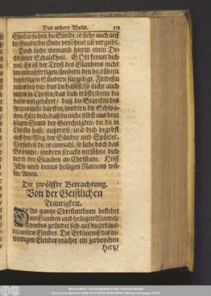 Die zwölffte Betrachtung. Von der Geistlichen Traurigkeit.