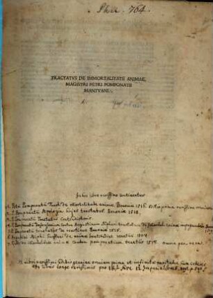 Tractatvs De Immortalitate Animae Magistri Petri Pomponatii Mantvani