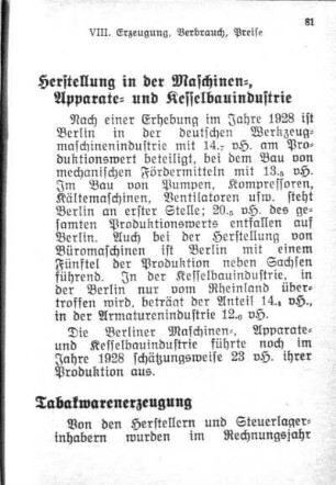 VIII. Erzeugung, Verbrauch, Preise