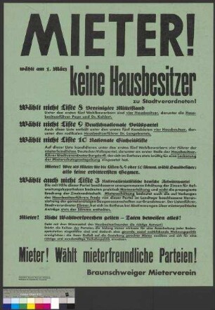 Wahlplakat des Braunschweiger Mietervereins mit Wahlempfehlungen zur Stadtverordnetenwahl am 1. März 1931