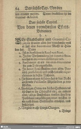 Das sechste Capitel. Von denen vornehmsten Estats-Bedienten