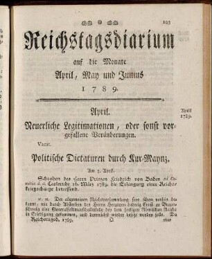 Reichstagsdiarium auf die Monate April, May und Junius 1789.