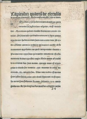 Capitulu[m] quartu[m] de circulis et motibus planetaru[m]. Et de causis eclipsiu[m] solis et lune.