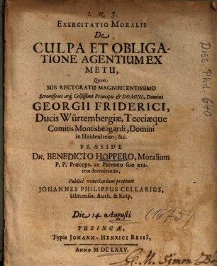 Exercitatio Moralis De Culpa Et Obligatione Agentium Ex Metu