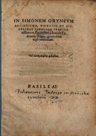 In Sim. Gryneum antistitem, pietatis et doctrinae vindicem praeclariss. epicedion