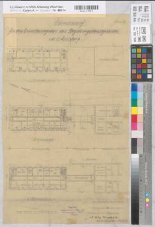 Arnsberg, Bezirksregierung, Dienstgebäude, Grundrisse Kellergeschoss, Erdgeschoss und 1. Stock, Vorentwurf