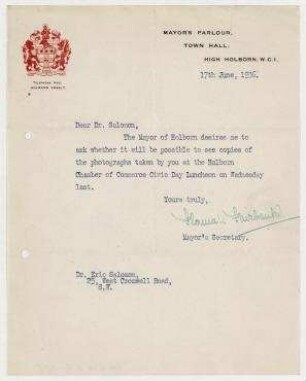 Brief von Mayor’s Parlour, Town Hall, High Holborn an Erich Salomon