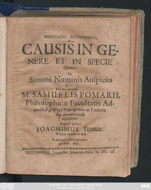 Disputatio Metaphysica, De Causis In Genere Et In Specie