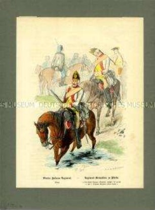 Grenadiere zu Pferde, Dragoner-Regiment D III, Offizier Husaren-Regiment H 4, Preußen 1740. Aus Lange/Menzel: Die Soldaten Friedrichs des Großen.