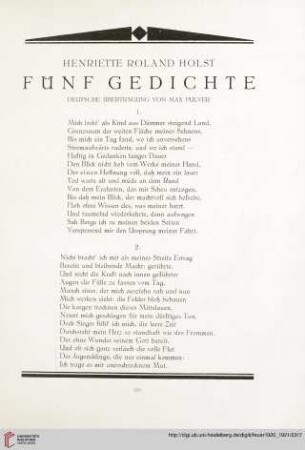 2: Fünf Gedicht : Deutsche Übertragung von Max Pulver