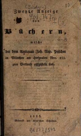 Bücher-Anzeige vom Antiquar Joh. Nep. Peischer in München. 2. 1826