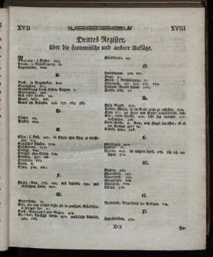 Drittes Register, über die öconomische und andere Aufsätze.