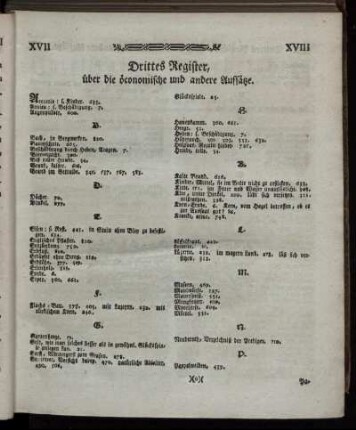 Drittes Register, über die öconomische und andere Aufsätze.