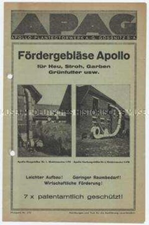 Fördergebläse Apollo für Heu, Stroh, Garben, Grünfutter usw. / Prospekt Nr. 272