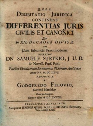 Disputatio Juridica Continens Differentias Juris Civilis Et Canonici
