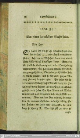 XXXI. Fall. Von einem hartnäckigen Wechselfieber