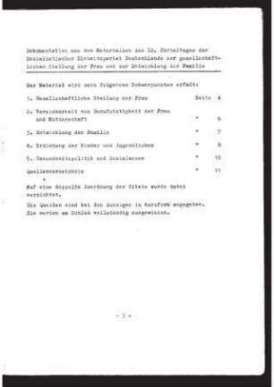 Dokumentation aus den Materialien des IX. Parteitages der Sozialistischen Einheitspartei Deutschlands zur gesellschaftlichen Stellung der Frau und zur Entwicklung der Familie